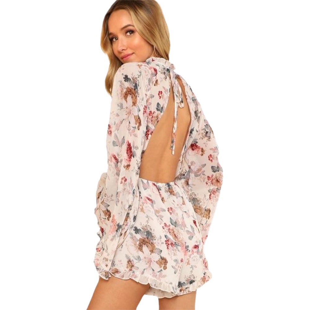 Romwe Floral Chiffon Ruffle Long Bell Sleeve High Neck Open Back Loose Romper XS - Picture 2 of 7